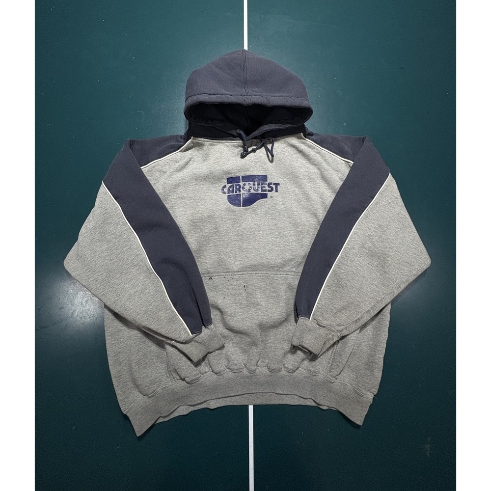 Vintage CarQuest Racing Hoodie Sweatshirt Mens XL Striped Two Tone Gray Blue 90s